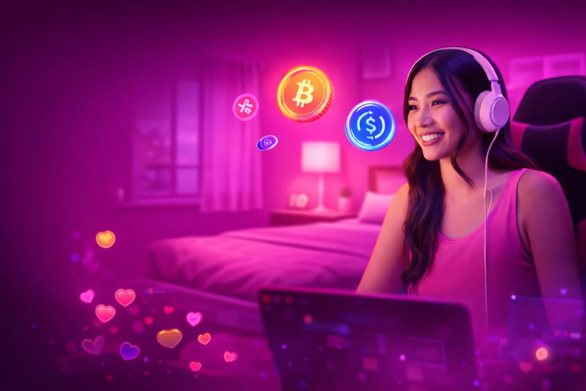 Creator streaming on CLIPcherry with BTC, XRP, and USDC support graphics.