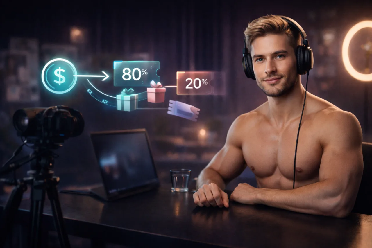 Creator workspace visual showing CLIPcherry 80/20 live split and gift flow.